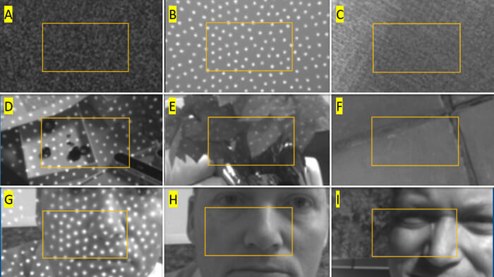 A set of scenes that have successfully been used for self-calibration, ranging from the ideal flat textured target without projector illumination (A), to scenes with projector on (B, D, E, G), to outdoor scenes in bright sunlight (F, I).