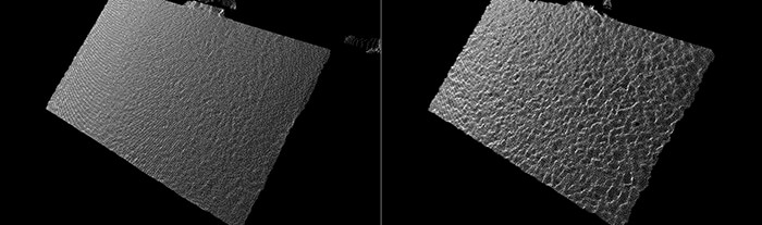 Comparisons of the Point Cloud of a well calibrated camera (LEFT) with a degraded camera (RIGHT) for a flat textured wall. The lower bumpiness on the left is preferred.