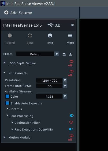 Intel RealSense Viewer interface with enabled Face Detection using OpenVINO™