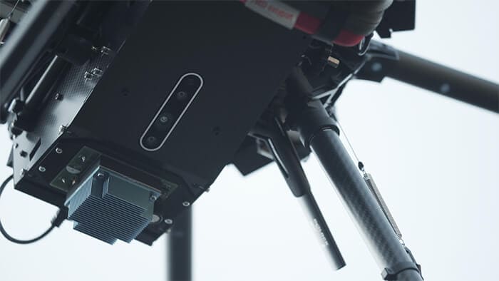 Close up of a D435 on the bottom of the drone – ideal for takeoff and landing.