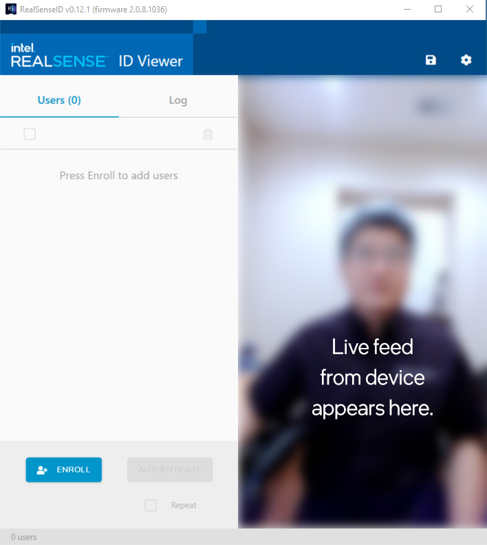 Intel RealSense ID Viewer main screen