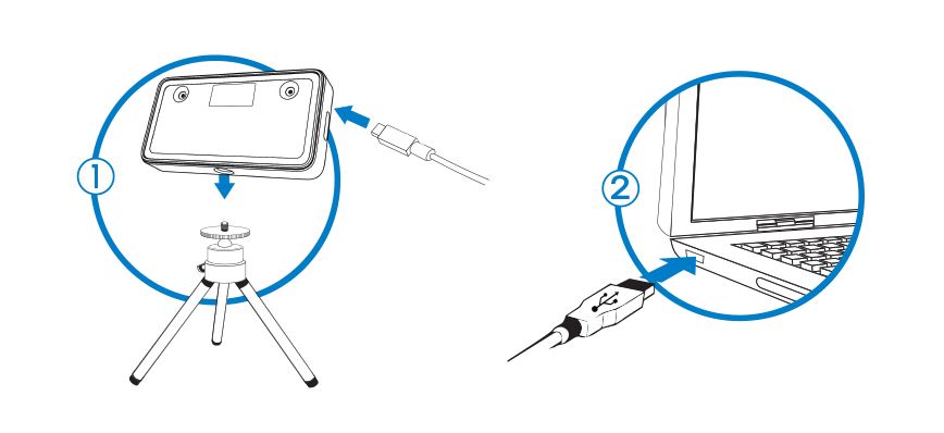 Illustration showing the F455 camera being connected to a laptop with USB C cable