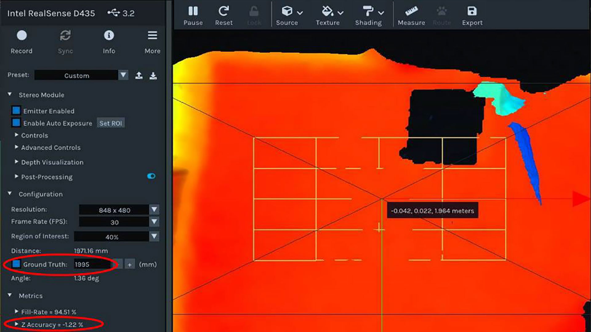 Five depth calibration images of laser line recorded by the camera